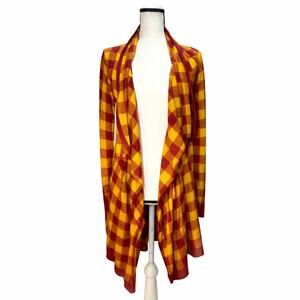 Red Gold Buffalo Plaid Checkerboard Open Front Duster Cardigan Size Medium
